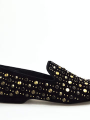 Carica immagine nella Galleria, Wishdance Mocassino Jack Sparrow in Camoscio nero Swarovski Neri incastonati con Borchie grandi e piccole  dorate