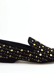Carica immagine nella Galleria, Wishdance Mocassino Jack Sparrow in Camoscio nero Swarovski Neri incastonati con Borchie grandi e piccole dorate