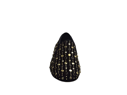 Mocassino uomo in camoscio nero Wishdance con borchie dorate e Swarovski, dettagli eleganti e stile moderno.