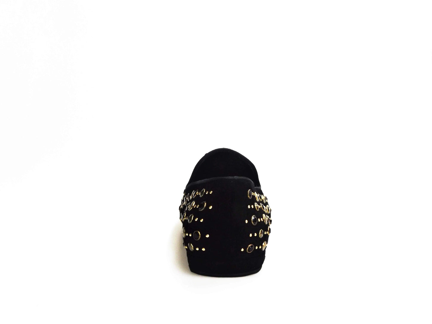 Scarpa mocassino uomo in camoscio nero Wishdance con borchie dorate e Swarovski, dettagli eleganti e sofisticati.
