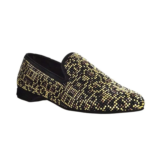 Scarpa mocassino uomo Wishdance Leopard in camoscio nero con Swarovski neri, borchiette marrone e dettagli oro maculato leopardo