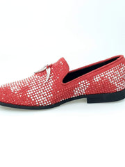 Carica immagine nella Galleria, Lion Red Silver (800PJ) - Mocassino da Uomo in Camoscio Rosso con Miniborchie Laminate Rosse/Argento e Zanne