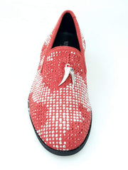 Carica immagine nella Galleria, Lion Red Silver (800PJ) - Mocassino da Uomo in Camoscio Rosso con Miniborchie Laminate Rosse/Argento e Zanne