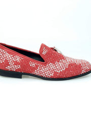 Carica immagine nella Galleria, Lion Red Silver (800PJ) - Mocassino da Uomo in Camoscio Rosso con Miniborchie Laminate Rosse/Argento e Zanne Wishdance