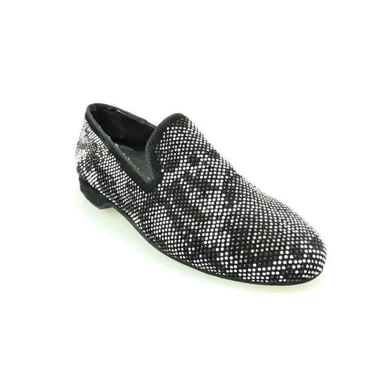 Scarpa mocassino uomo Viper Black Wishdance in camoscio nero con Swarovski bianchi e neri, fondo gomma antiscivolo