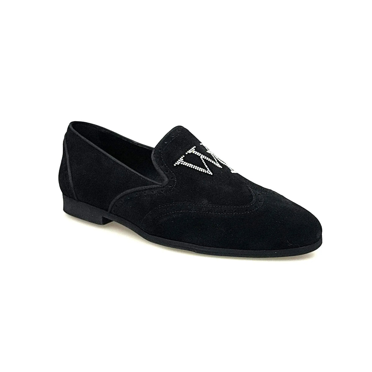 Mocassino uomo in camoscio nero Wishdance con dettagli Swarovski Boreali, scarpa elegante e sofisticata in primo piano.