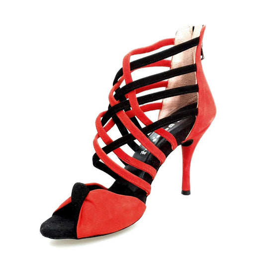 Sandalo da donna Natalia (360) Wishdance in camoscio rosso e nero, con design elegante e dettagli in camoscio.