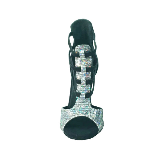 Sandalo da donna Wishdance Lilith (460) con tessuto Prisma Boreale Silver, tacco a spillo e tallone in pelle nera.