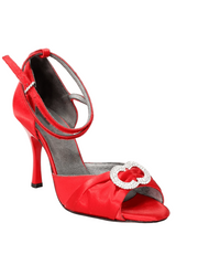 Carica immagine nella Galleria, Sandalo rosso Wishdance con inserto strassato, tacco a rocchetto smaltato, scarpa elegante in raso.