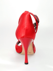 Carica immagine nella Galleria, Sandalo in raso rosso Outlet con inserto strassato e tacco a rocchetto smaltato rosso, scarpa elegante e raffinata