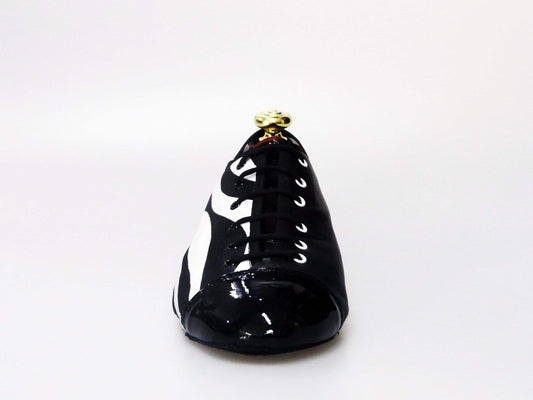 Scarpa Jazz unisex Wishdance Savana NY09 in pelle nera con fantasia zebrata e punta in vernice nera, stile elegante e originale.