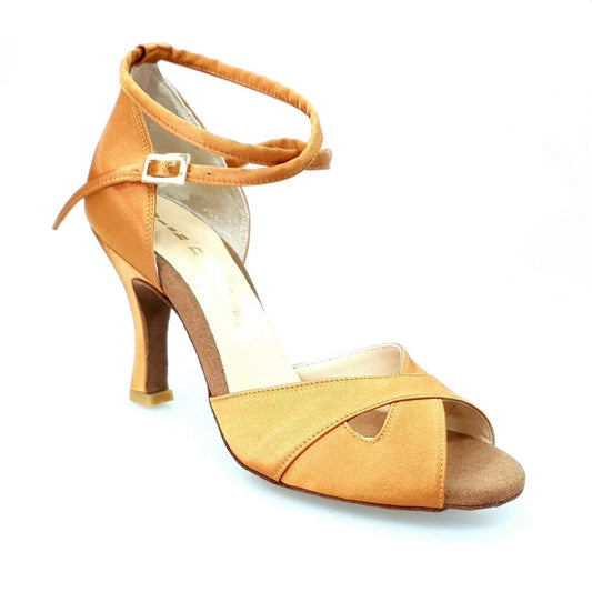 Scarpa Wishdance Ely QB donna in raso bronzo con cinturino doppio alla caviglia e tacco rocchetto, stile elegante e semplice