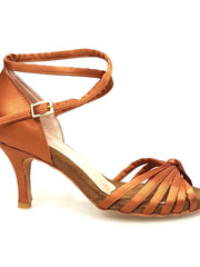 Carica immagine nella Galleria, Patty QB (28QB) - Scarpa da Ballo Basica da Donna in Raso Seta Bronzo Nodino con 6 Fascette e cinturino doppio sulla caviglia con Tacco a Spillo Largo