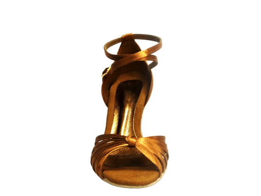 Scarpa da ballo Wishdance Pepa in raso bronzo con fascette in camoscio e tacco rocchetto, modello basico da donna.