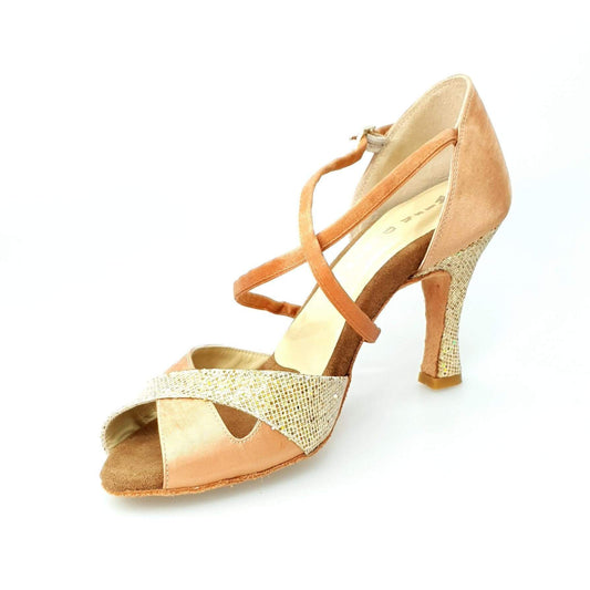 Scarpa Wishdance Ely QC da donna in raso carne e multicolor oro con cinturino incrociato, tacco rocchetto e design elegante.