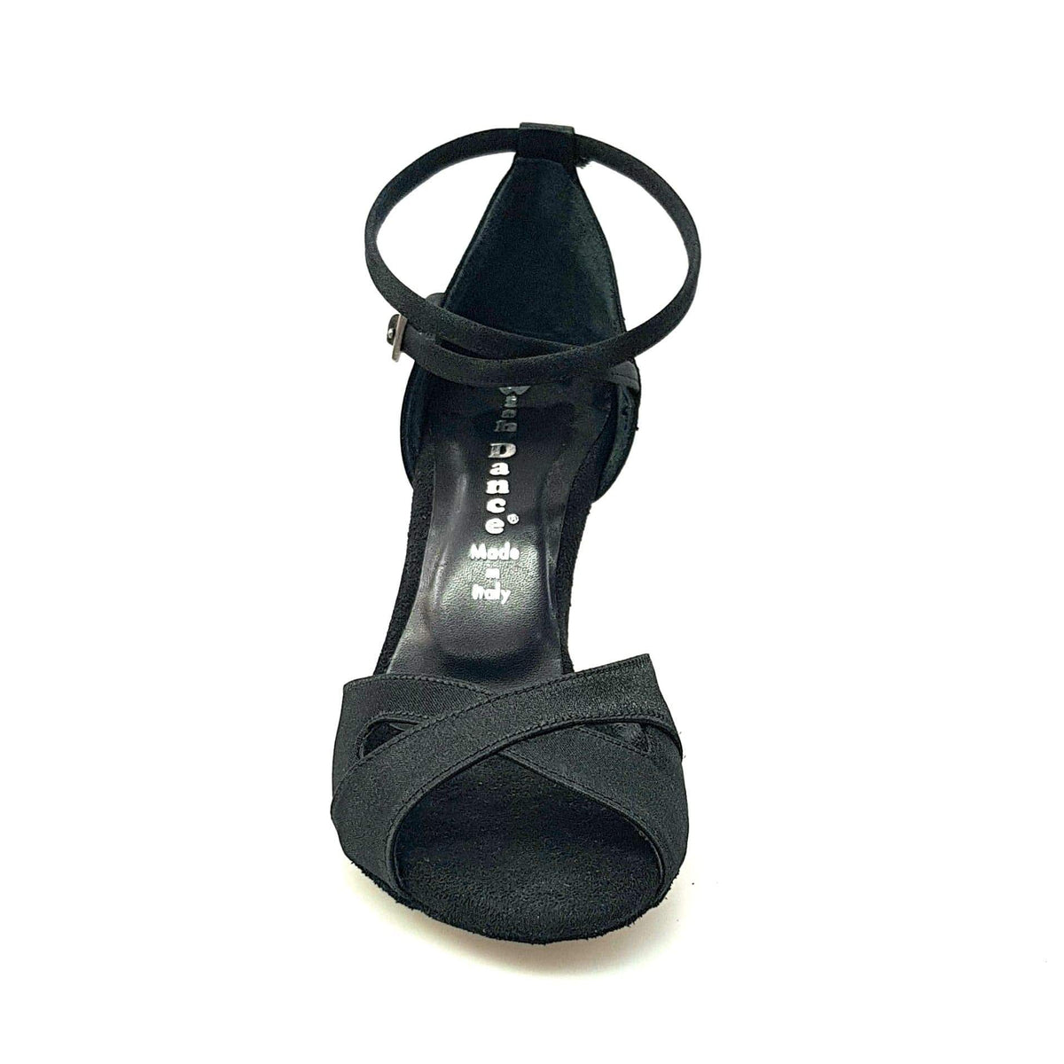 Scarpa basic da donna Wishdance Ely QB in raso nero con cinturino doppio alla caviglia e tacco rocchetto.