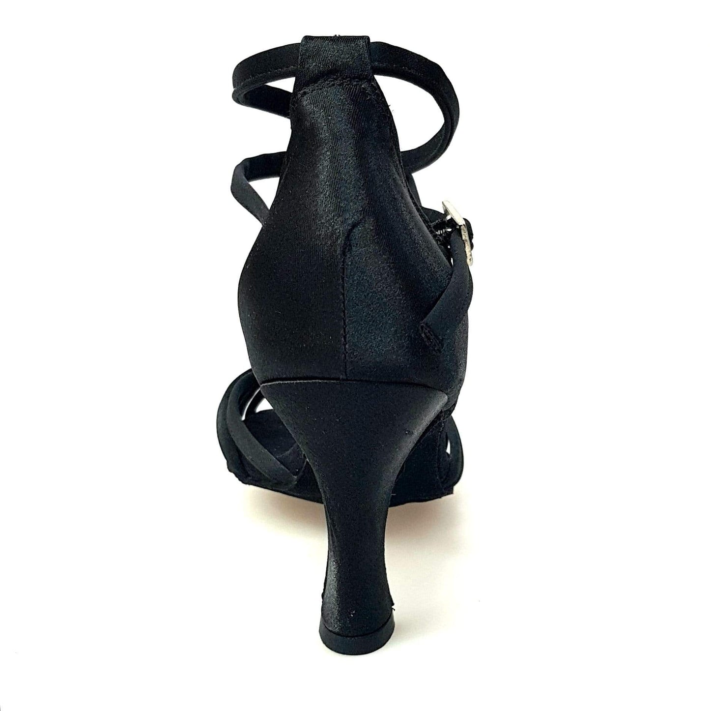 Scarpa da ballo Wishdance Patty QB in raso nero con fascette, cinturino doppio alla caviglia e tacco a rocchetto.