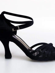 Carica immagine nella Galleria, Wishdance Scarpa Basica da donna in Raso Nero con fascette rivestite in Camoscio e tacco a Rocchetto