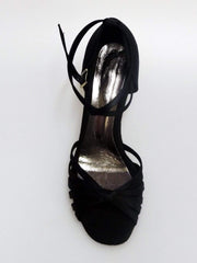 Load image into Gallery viewer, Wishdance Scarpa Basica da donna in Raso Nero con fascette rivestite in Camoscio e tacco a Rocchetto