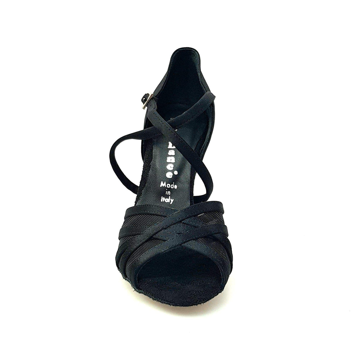 Scarpa donna Wishdance ORIETTA QC in raso nero con retina, cuscino memorex, cinturino incrociato e tacco a rocchetto.