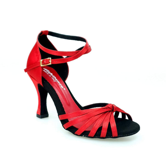 Scarpa da ballo Wishdance Pepa in raso rosso con fascette in camoscio e tacco a rocchetto, modello basico donna.