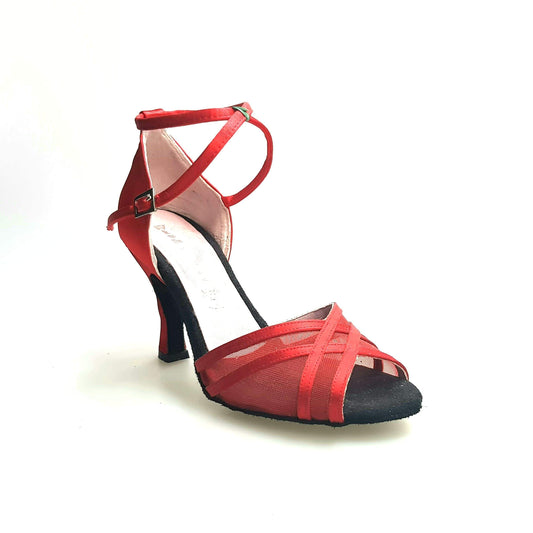 Scarpa donna Wishdance Melany QB in raso rosso con retina, cinturino doppio sulla caviglia e tacco rocchetto.