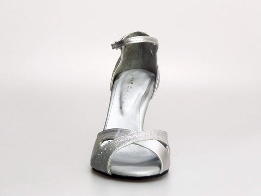 Scarpa da donna Wishdance Ely QA in pelle argento e glitter, cinturino alla caviglia e tacco rocchetto, stile elegante e brillante