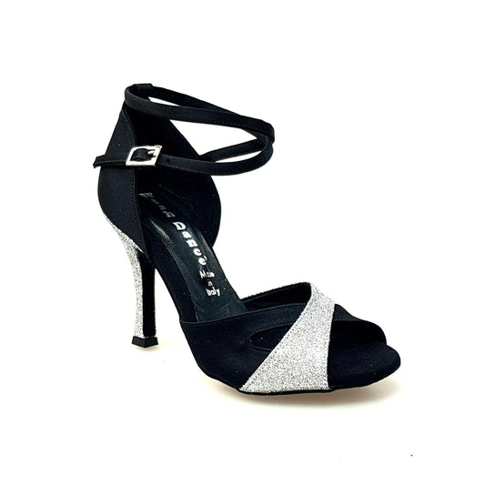 Scarpa da donna Wishdance Ely QB in raso nero e glitter argento con cinturino doppio sulla caviglia e tacco rocchetto.