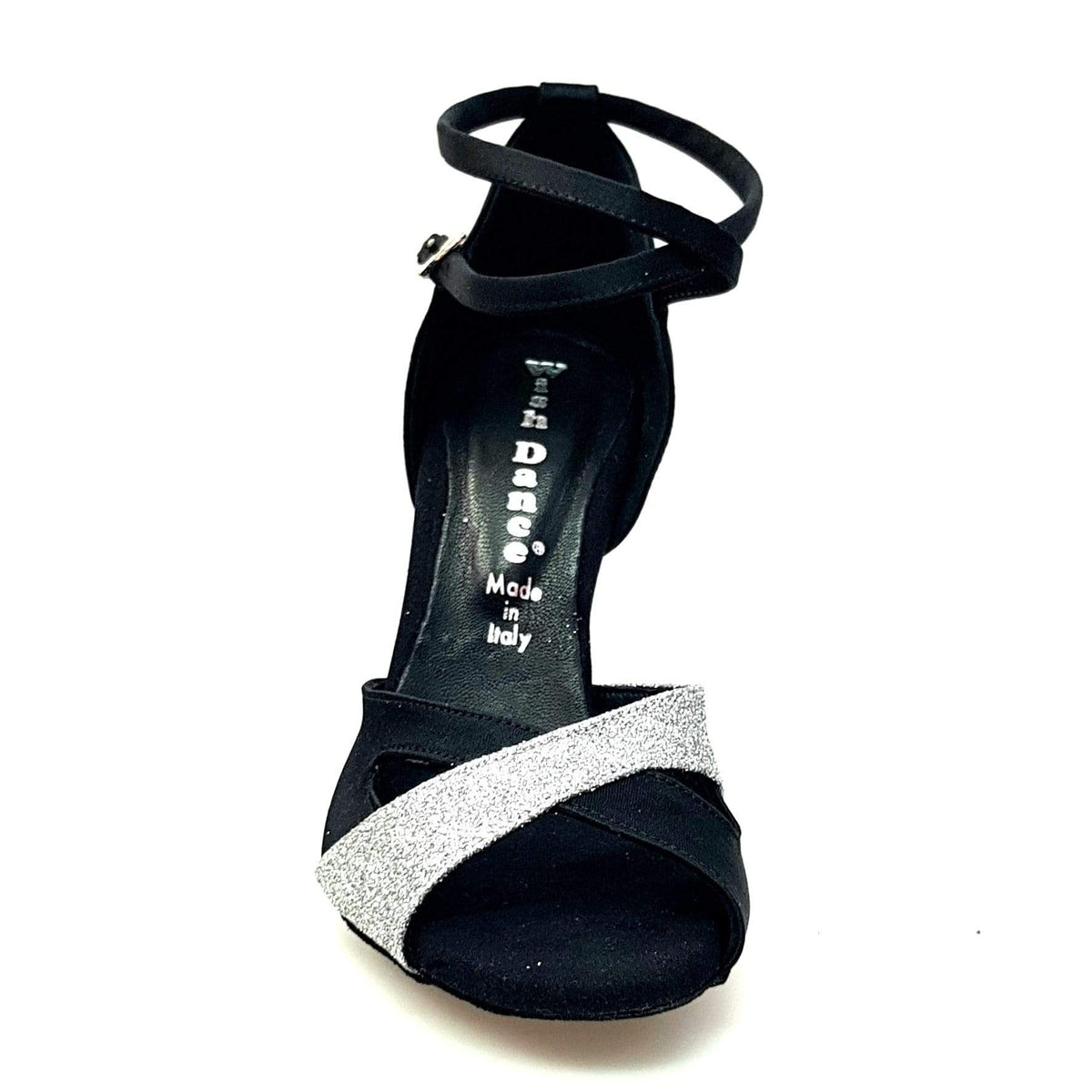 Scarpa donna Wishdance Ely QB in raso nero e glitter argento con cinturino doppio sulla caviglia e tacco rocchettino.