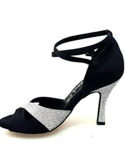 Load image into Gallery viewer, Wishdance Scarpa da donna in Raso Nero e Glitter Argento con Cinturino Doppio sulla Caviglia