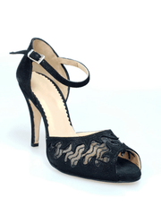 Load image into Gallery viewer, Scarpa Rosely 1582 in raso nero con inserti in pizzo trasparente e tacco a spillo largo, brand Outlet.