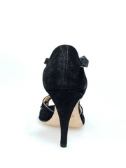 Load image into Gallery viewer, Scarpa Rosely 1582 in raso laminato nero con inserti in pizzo trasparente e tacco a spillo largo, elegante e raffinata