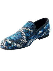 Carica immagine nella Galleria, Viper Blue (800PJ)- Mocassino da Uomo in Camoscio Blu con Swarovski Blu Bianchi e Neri Fondo Micro Wishdance