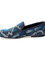 Carica immagine nella Galleria, Viper Blue (800PJ)- Mocassino da Uomo in Camoscio Blu con Swarovski Blu Bianchi e Neri Fondo Micro Wishdance