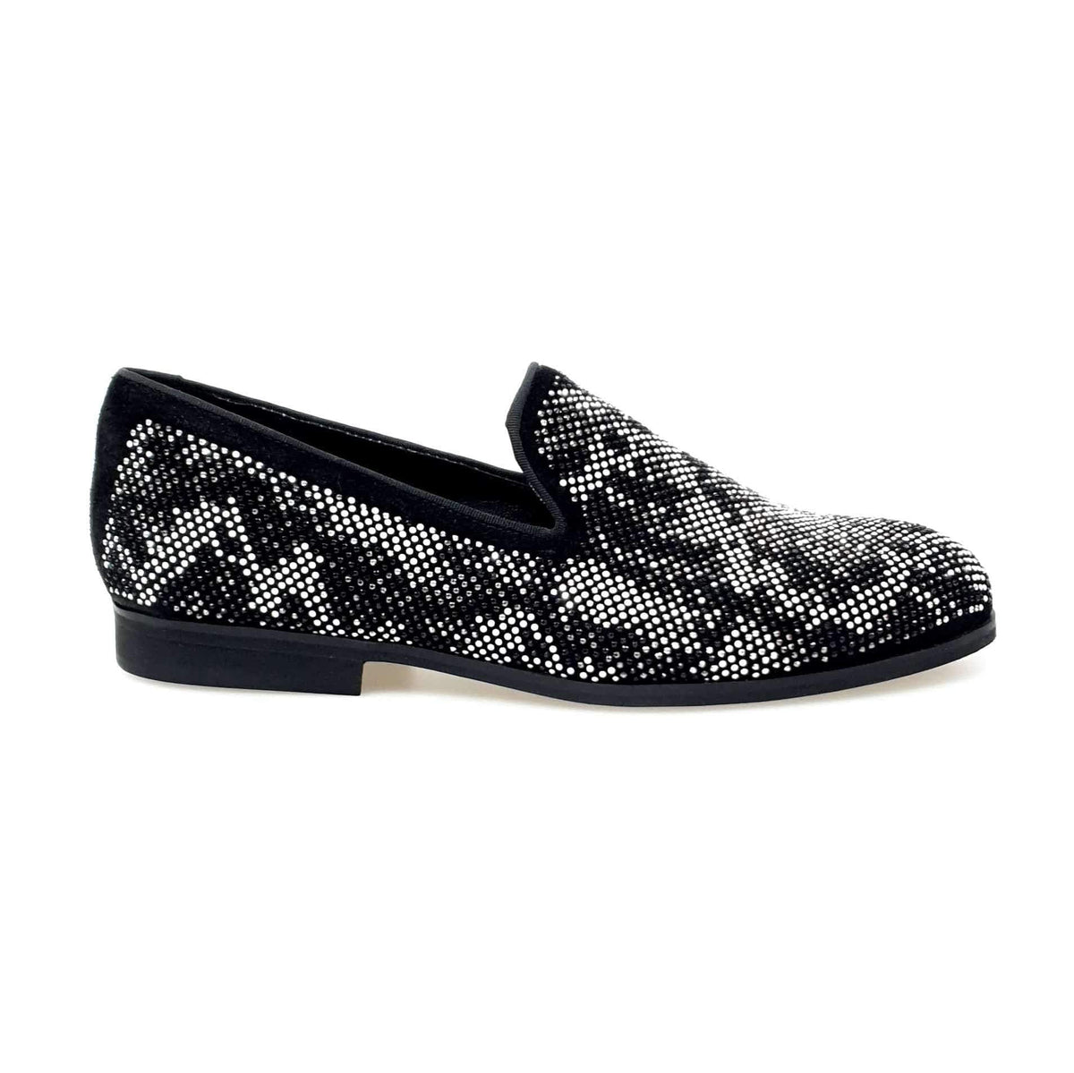Scarpa mocassino uomo Viper Black Wishdance in camoscio nero con dettagli Swarovski bianchi e neri, fondo micro-light