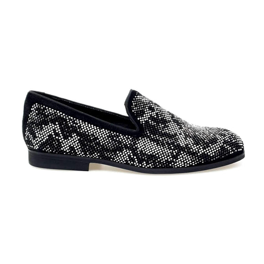 Scarpa mocassino uomo Viper Black Wishdance in camoscio nero con dettagli Swarovski bianchi e neri, fondo micro-light