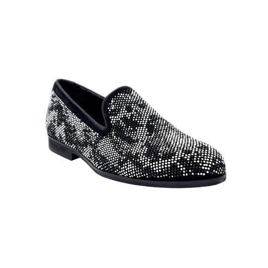 Mocassino uomo Wishdance Viper Black in camoscio nero con dettagli Swarovski, suola micro-light bianca e nera.