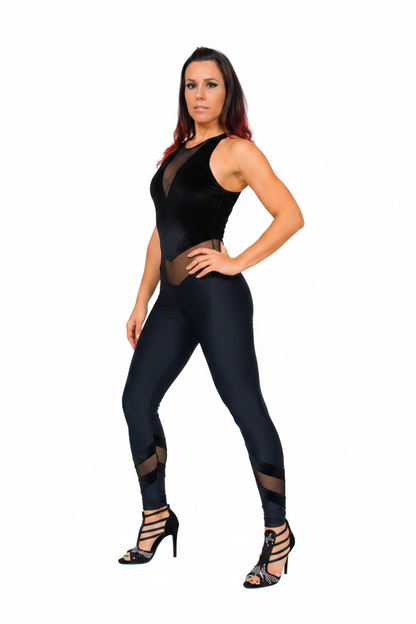 VEGA Venice (Black) - Mono de Felpilla Bielástica Negra Arriba y Microfibra Transpirable Negra Bielástica Moldeadora Contensora Abajo