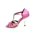 Load image into Gallery viewer, CAMILA Superb (accollata) L13 - Scarpa da Ballo in Raso Seta Rosa Fuxia con Swarovski Bore ali e Tacco a Spillo Laminato Argento
