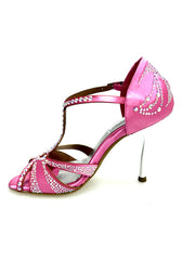 Carica immagine nella Galleria, CAMILA Superb (accollata) L13 - Scarpa da Ballo in Raso Seta Rosa Fuxia con Swarovski Bore ali e Tacco a Spillo Laminato Argento
