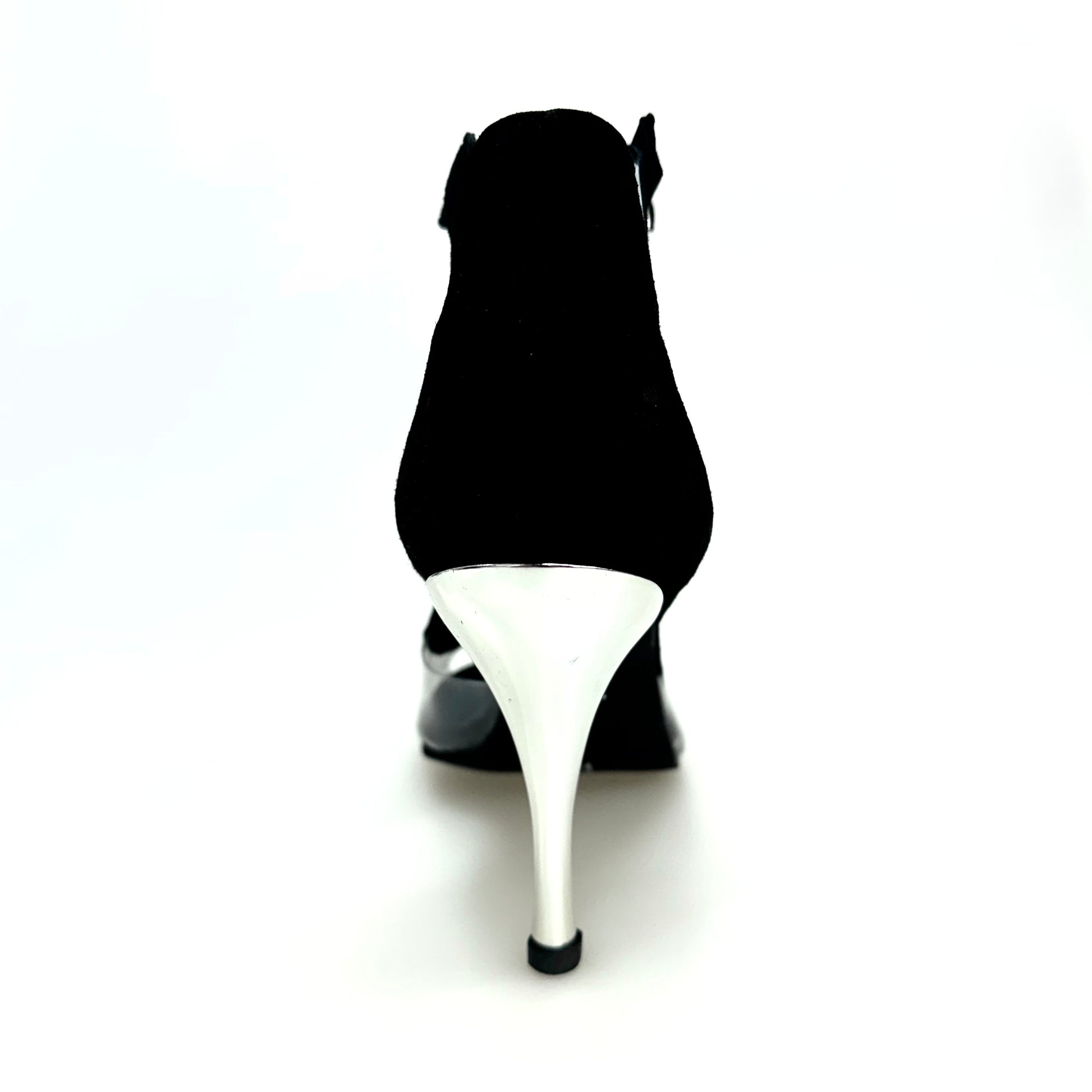 Sandalo da donna Angela in camoscio nero con parti in plexiglass e tacco a spillo laminato argento, stile elegante e moderno