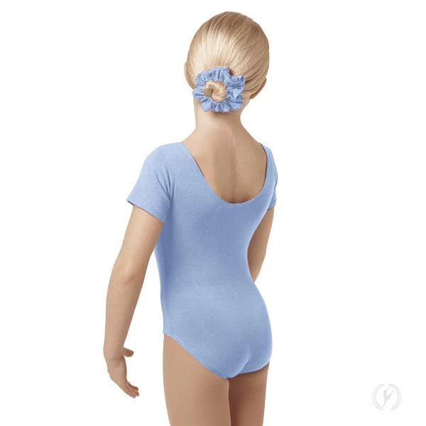Leotard blu per danza classica bambina Wish Dance Shop, tessuto lycra cotone, pettorina antisudore e maniche corte.