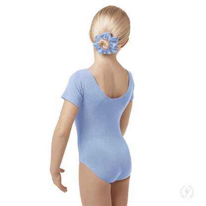Leotard blu per danza classica bambina Wish Dance Shop, tessuto lycra cotone, pettorina antisudore e maniche corte.