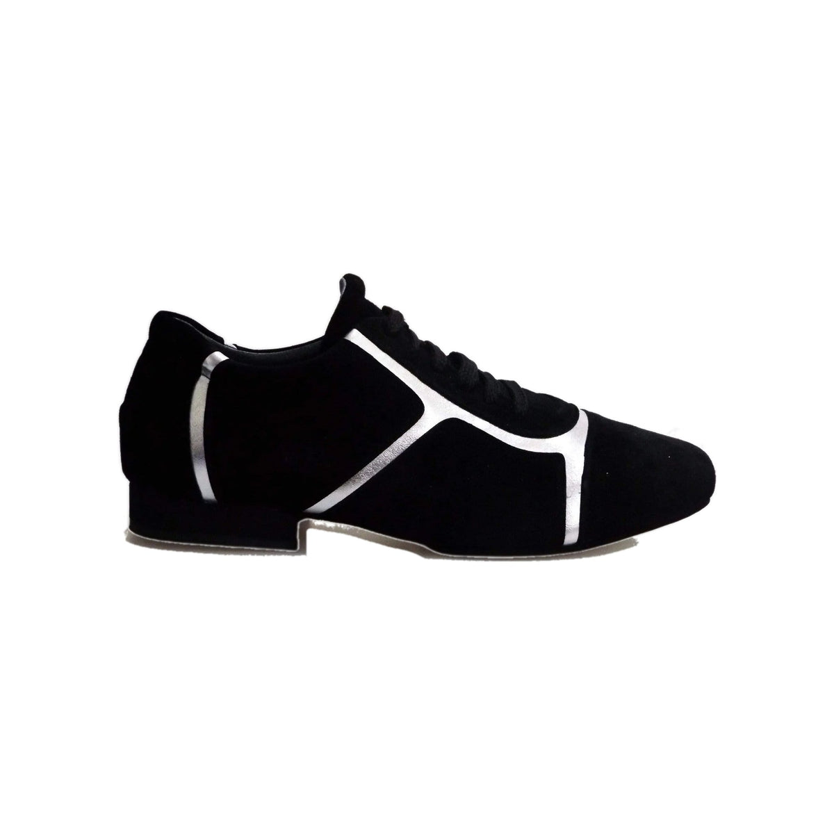 Sneaker Antony 115 da uomo in camoscio nero con inserti in pelle argento, profili bianchi, scarpa casual elegante.