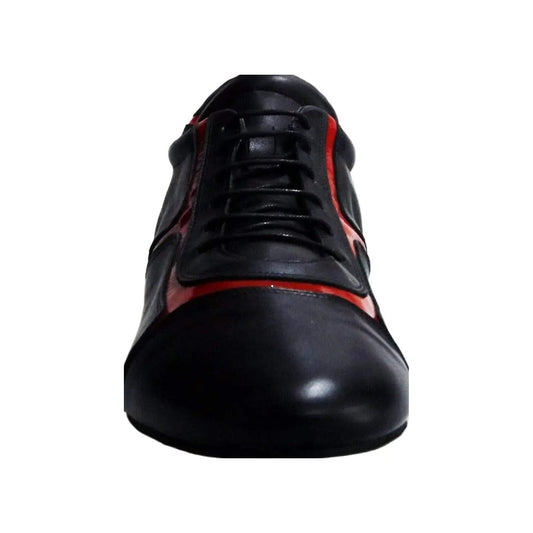 Sneaker Antony 115 da uomo in pelle nera con inserti in vernice rossa, scarpa sportiva elegante e moderna.