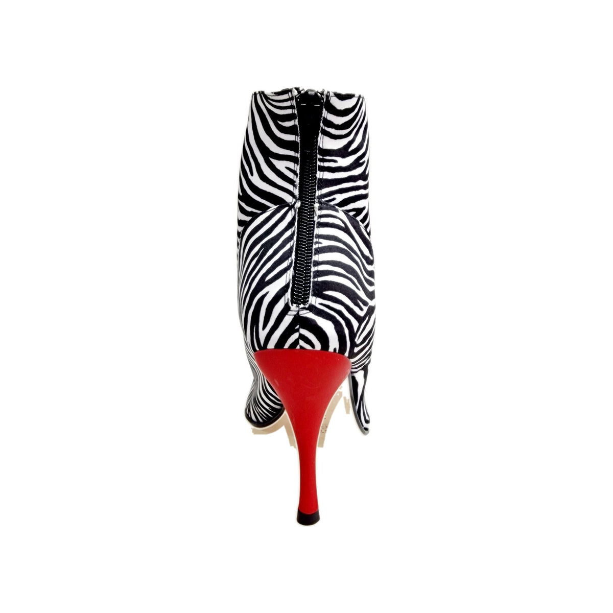 Stivaletto Wish Dance Shop Alexis Zebra con zip, raso seta zebra, camoscio rosso e tacco in alluminio verniciato rosso.