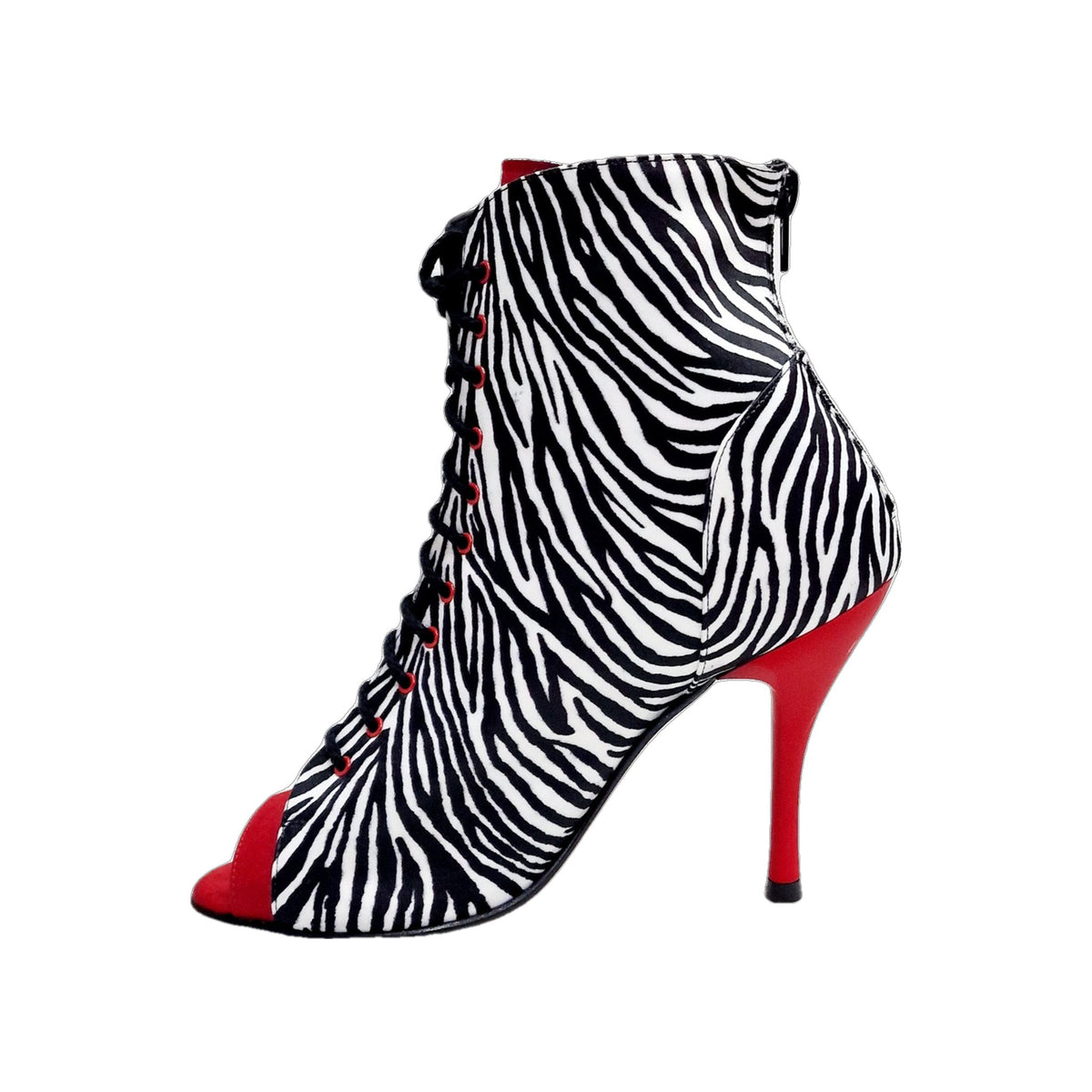 Stivaletto Wish Dance Shop Alexis Zebra con zip, inserti in camoscio rosso e tacco a spillo in alluminio verniciato rosso.