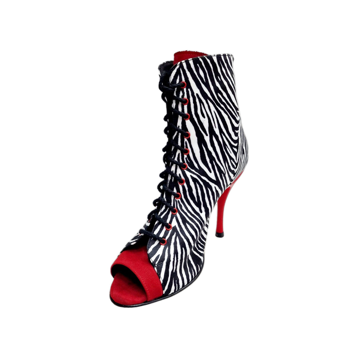 Stivaletto Wish Dance Shop Alexis Zebra con zip, inserti in camoscio rosso, tacco in alluminio verniciato effetto gomma rosso