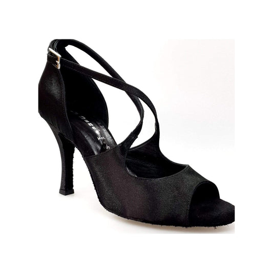 Sandalo donna Adriana di Wish Dance Shop in raso nero, con fodera in vera pelle, scarpa elegante e confortevole.