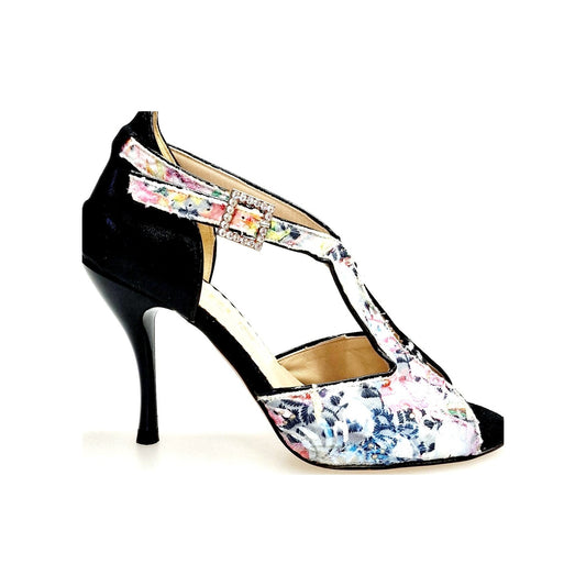 Sandalo Outlet 1557H in tela acquarello con disegno floreale, tacco a spillo e dettaglio in lurex nero.
